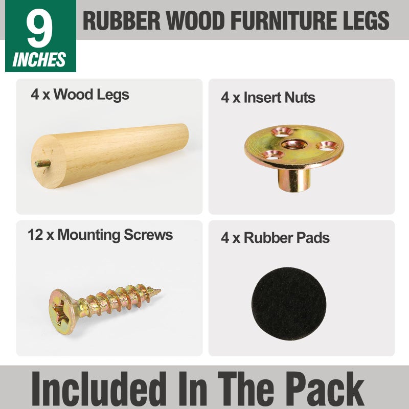 FoDau770 Rubber Wood Furniture Legs 9 Inches, Slant Tapered Wood Legs Mid Century Sofa Legs Set of 4, 5/16"" UNC Furniture Feet Replacement Legs for Cabinet Sofa Couch Dresser Chair Ottoman Table - Image 2